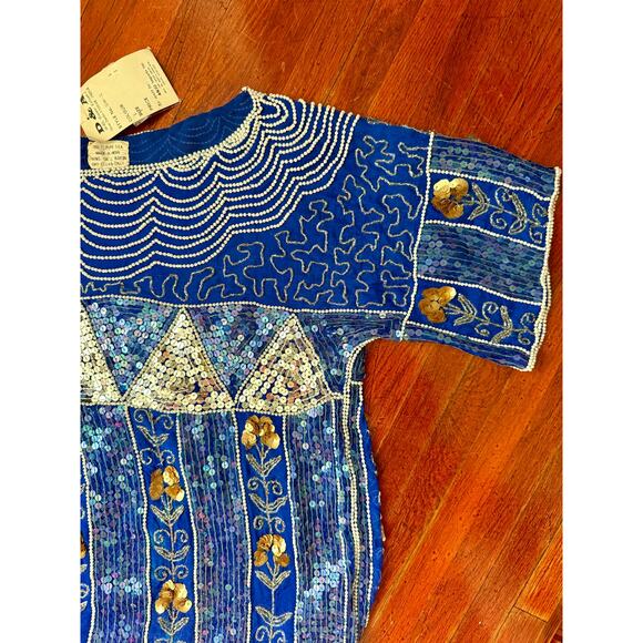 Vintage 80’s D & A Deadstock Silk Blue Silver Beaded Dress Formal Blouse Medium - Picture 4 of 5